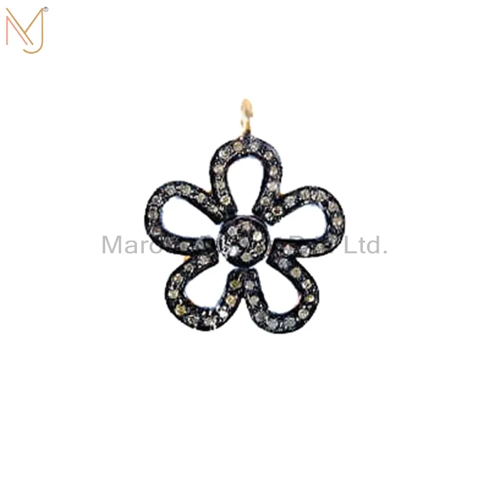 925 Sterling Silver Vintage Style Natural Diamond Pave Flower Charm Pendant Jewelry Manufacturer
