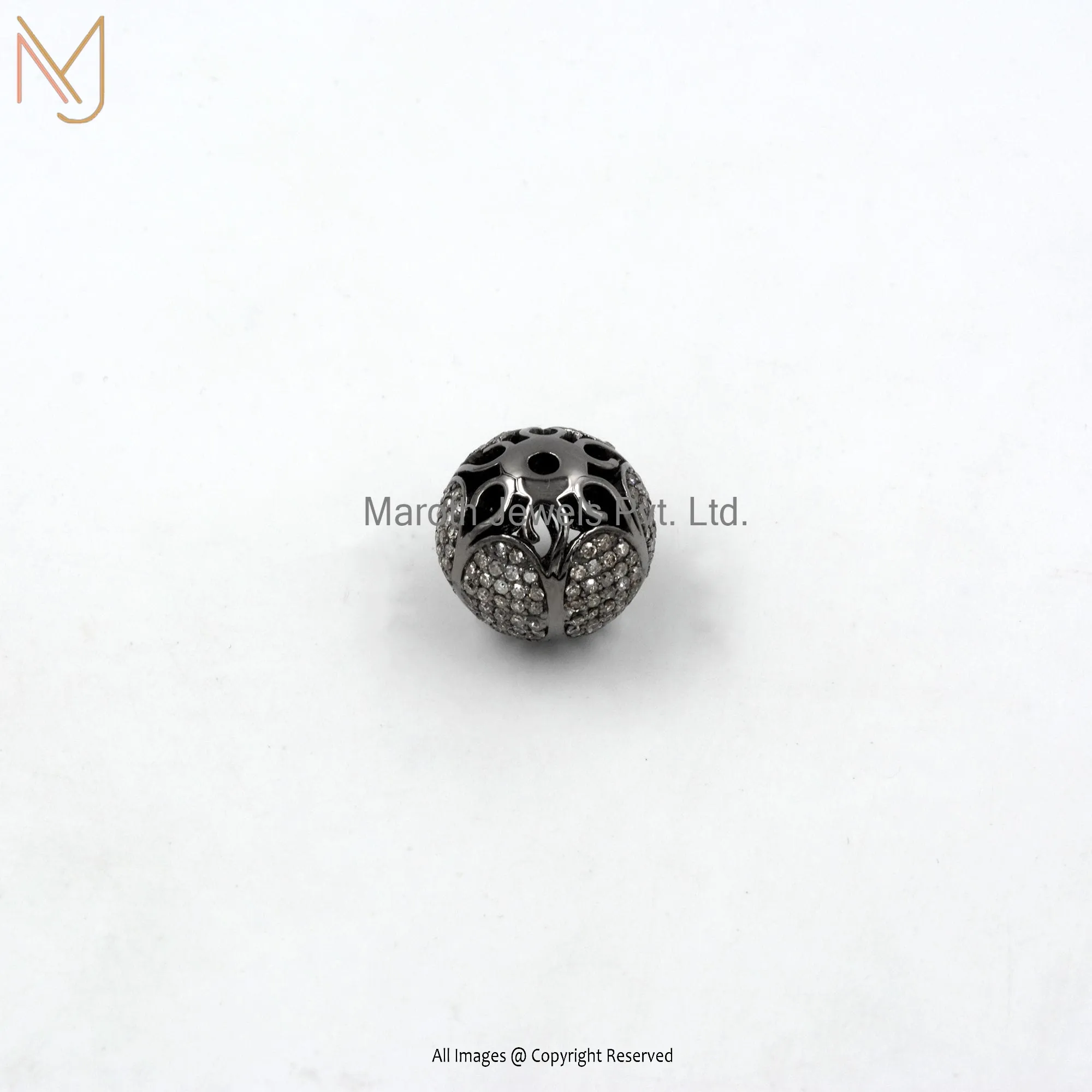 Wholesale 925 Silver Gray Rhodium Plated Pave Diamond Round Ball Beads Finding