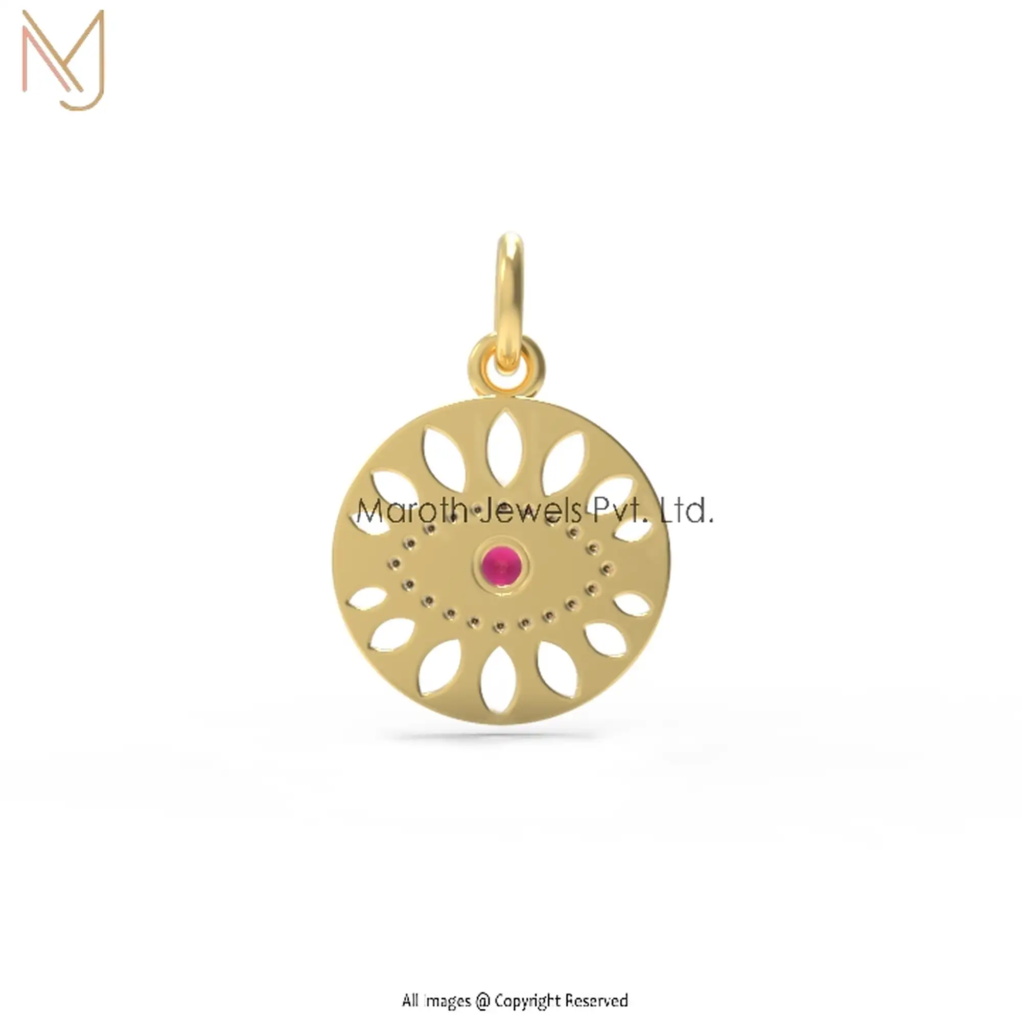 925 Silver Yellow Gold Pave Diamond & Ruby Evil Eye Round Disc Pendant Jewelry USA