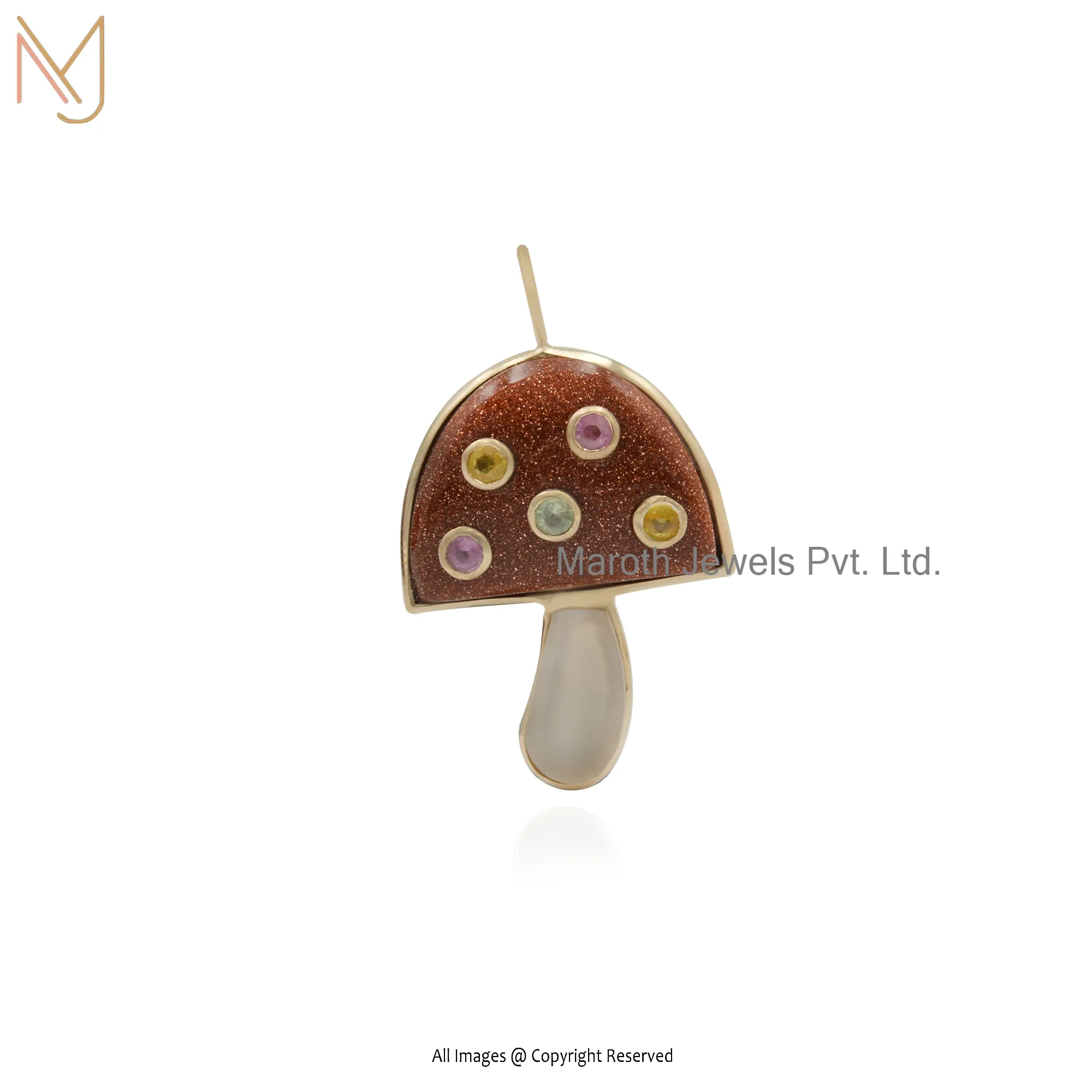 Private Lable 925 Silver Yellow Gold Plated Opal & Multi Gemstone Mushroom Pendant