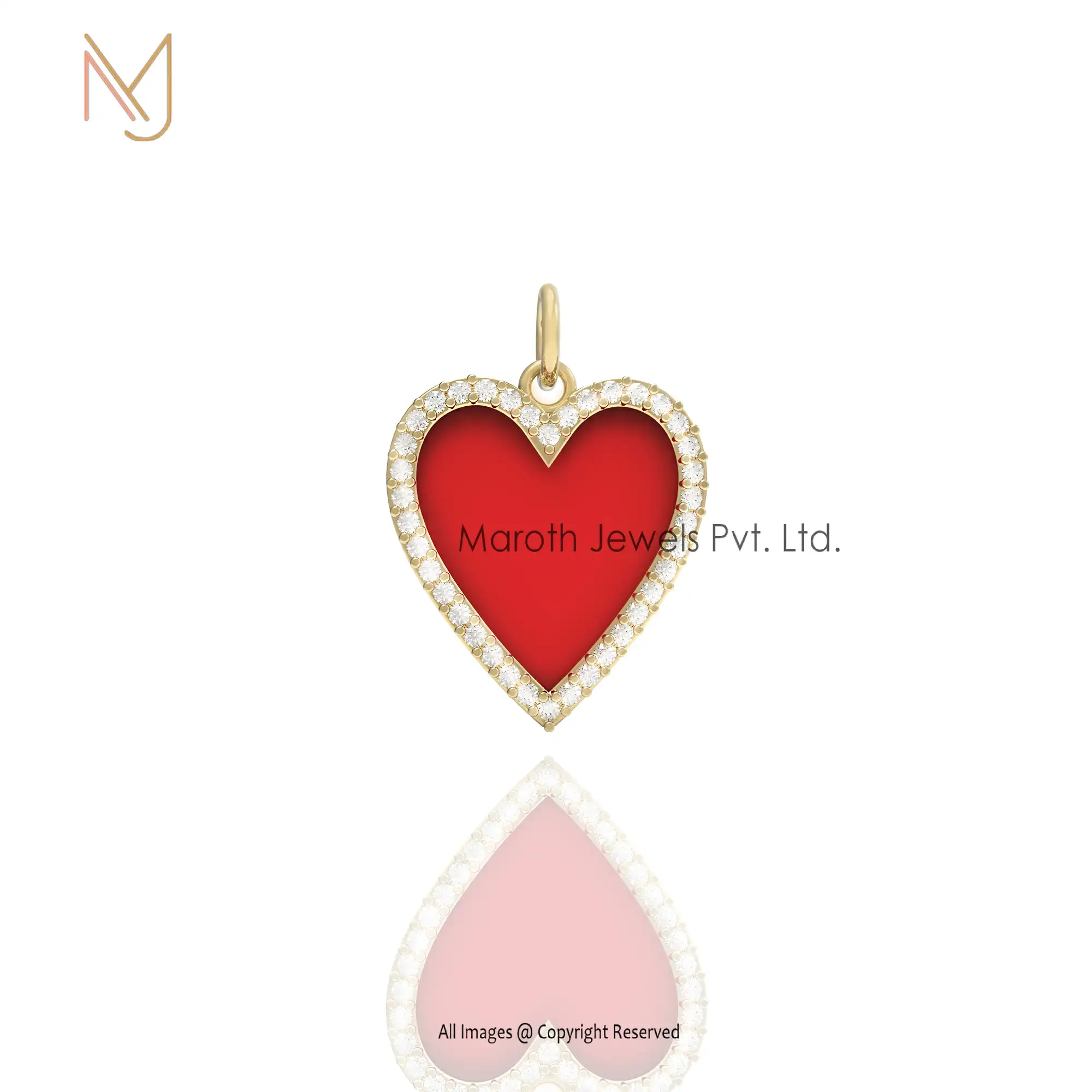 Wholesale 925 Silver Yellow Gold Plated Pave Diamond Red Enamel Heart Pendant Jewelry