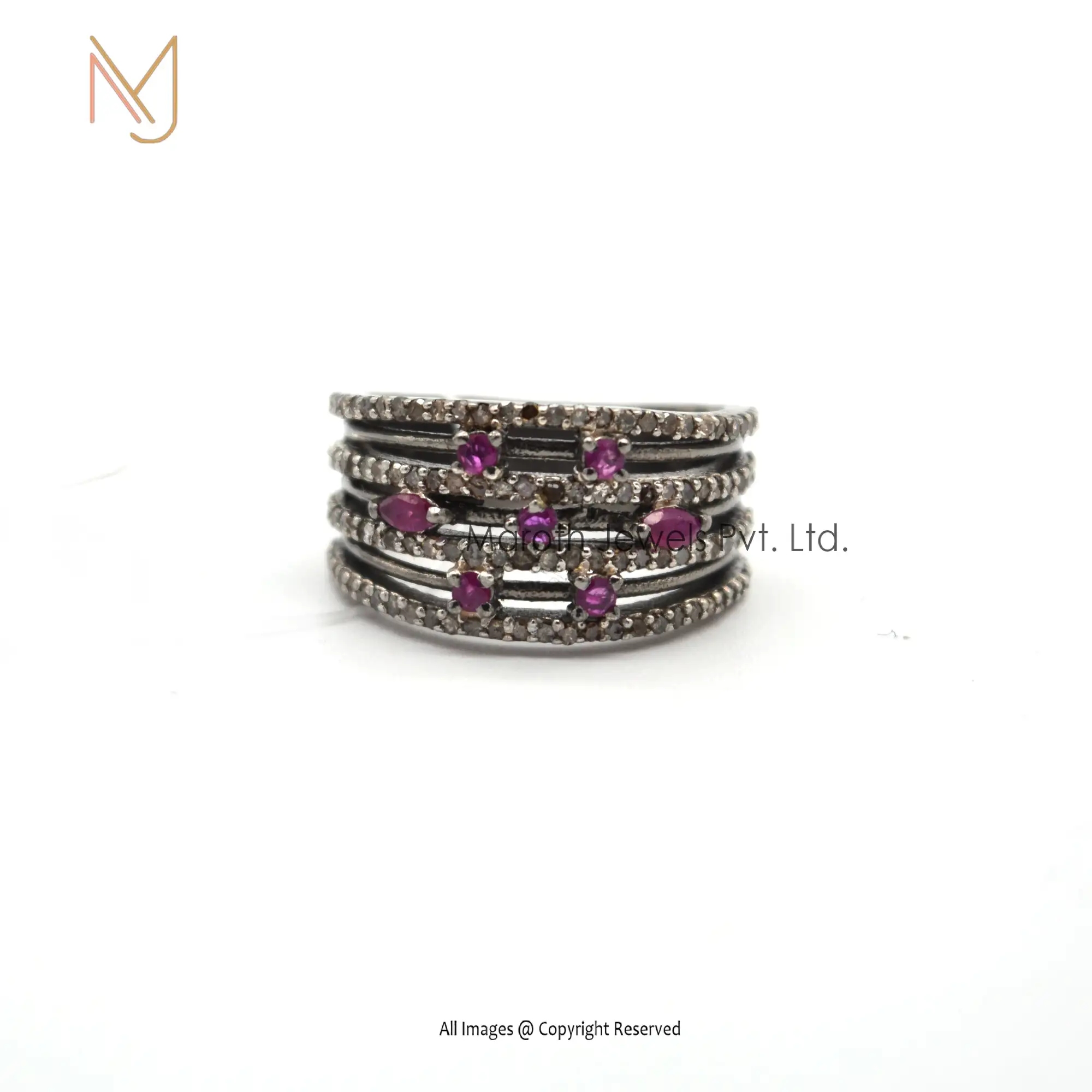 Wholesale 925 Silver Rhodium Plated Pave Diamond Ruby Gemstone Ring