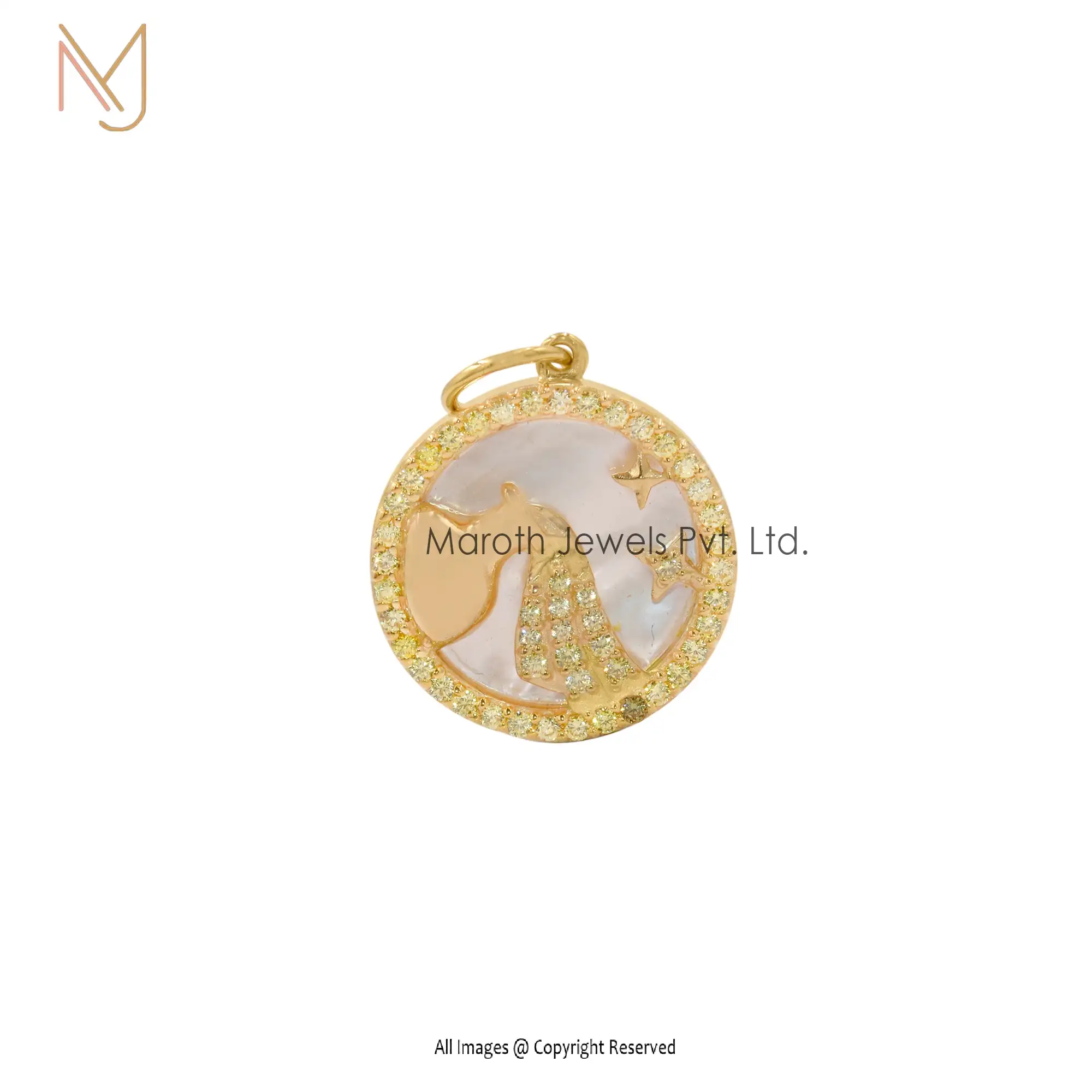 14K Yellow Gold Mother of Pearl & Yellow Sapphire Gemstone Zodiac Disc Pendant USA