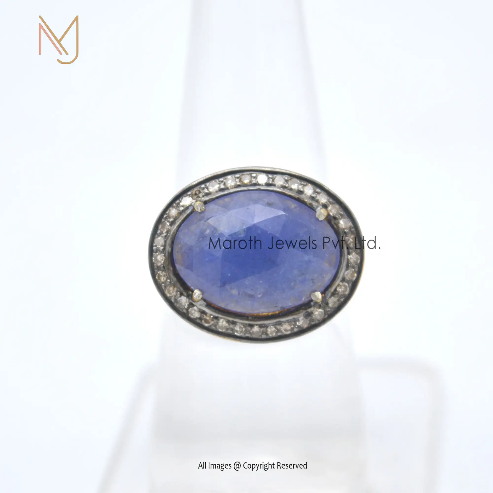 925 Silver Rhodium Diamond And Blue Sapphire Ring Jewelry Manufacturer