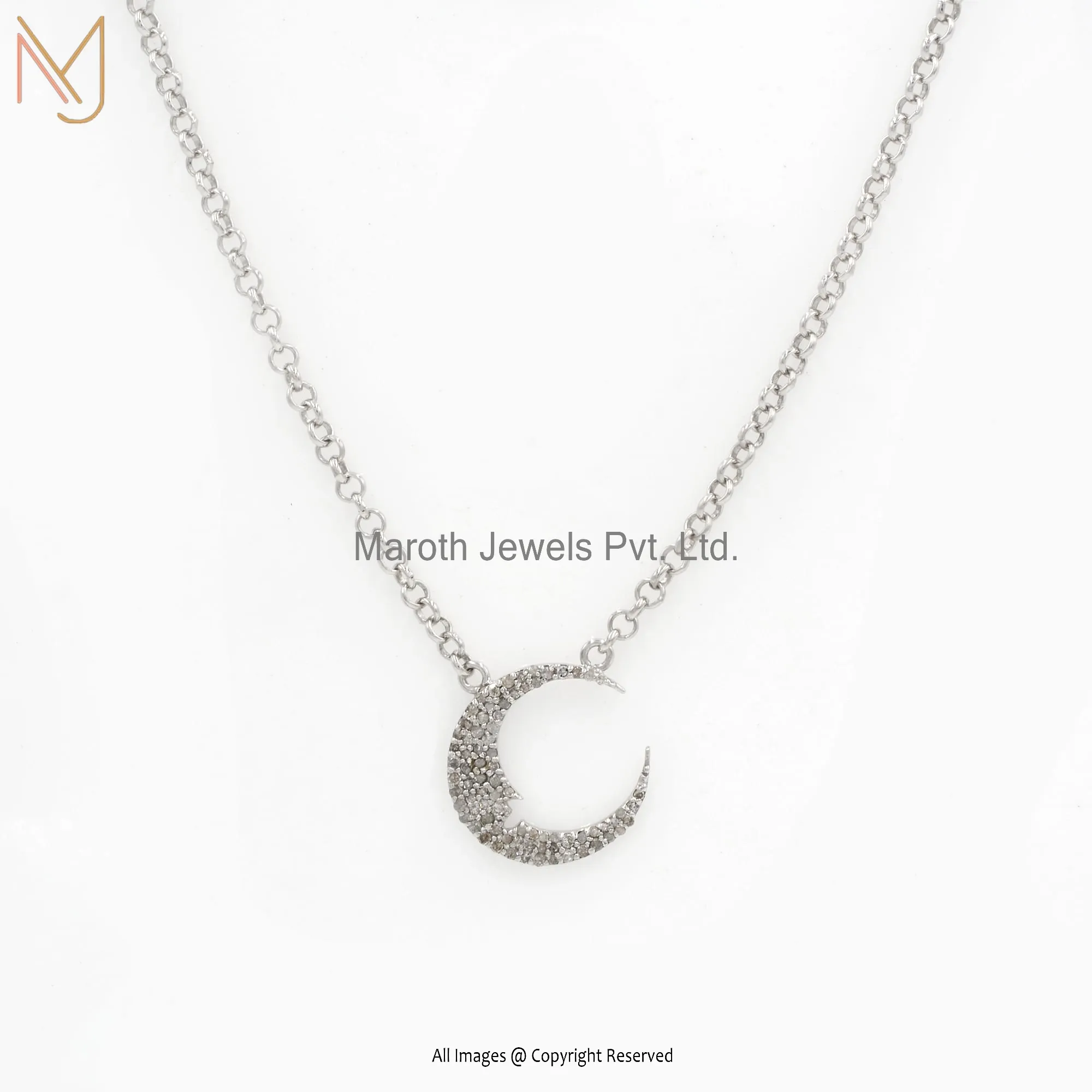 Wholesale 925 Silver White Gold Plated Diamond Crescent Moon Pendant Necklace Jewelry