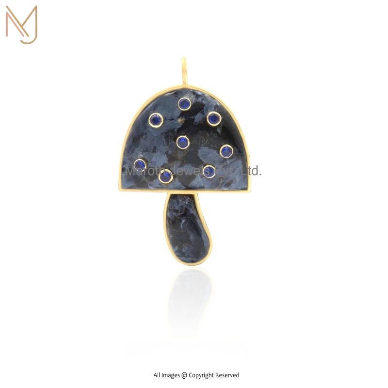 925 Silver Yellow Gold Gunmetal Stone & Round CZ Mushroom Pendant Jewelry Supplier