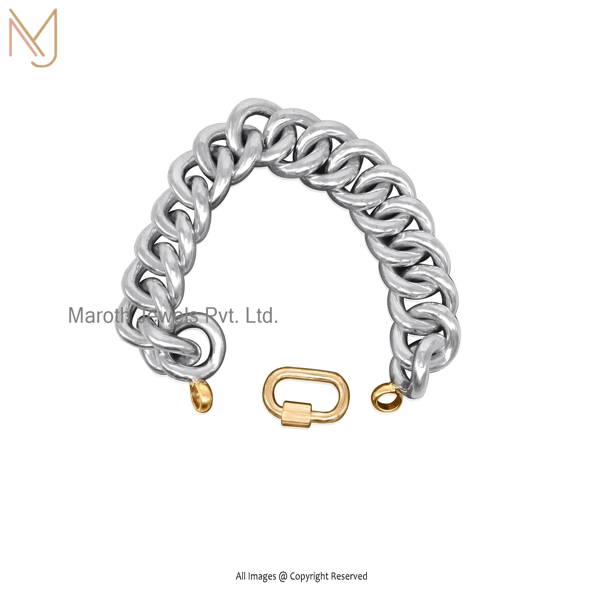 Wholesale 925 Silver White Gold And Yellow Gold Plated Carabiner Lock Chain Bracelet