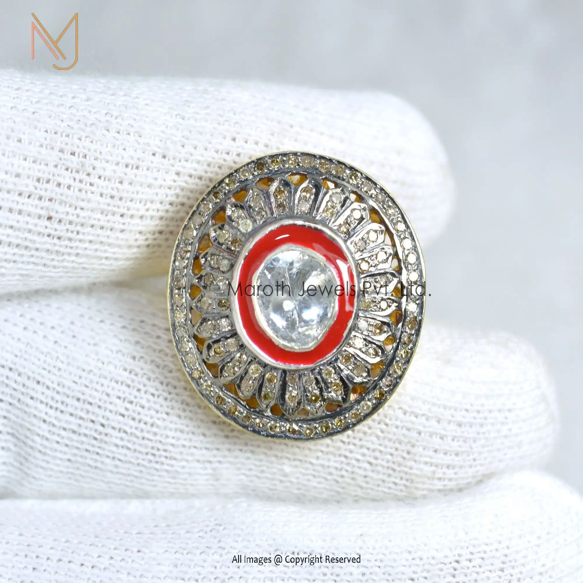 925 Silver Yellow Gold Rhodium Plated Pave Diamond & Rose Cut Diamond Red Enamel Ring Manufacturer