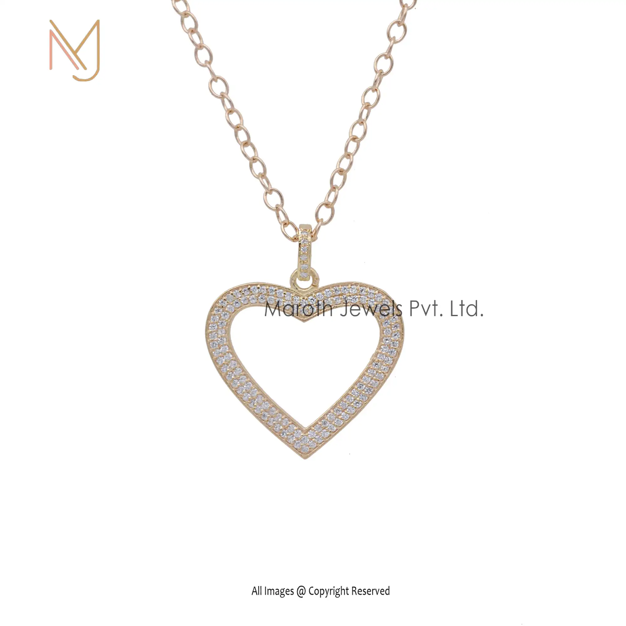 925 Silver Yellow Gold Plated Cubic Zircon Pave Diamond Setting Heart Pendant Custom Jewelry