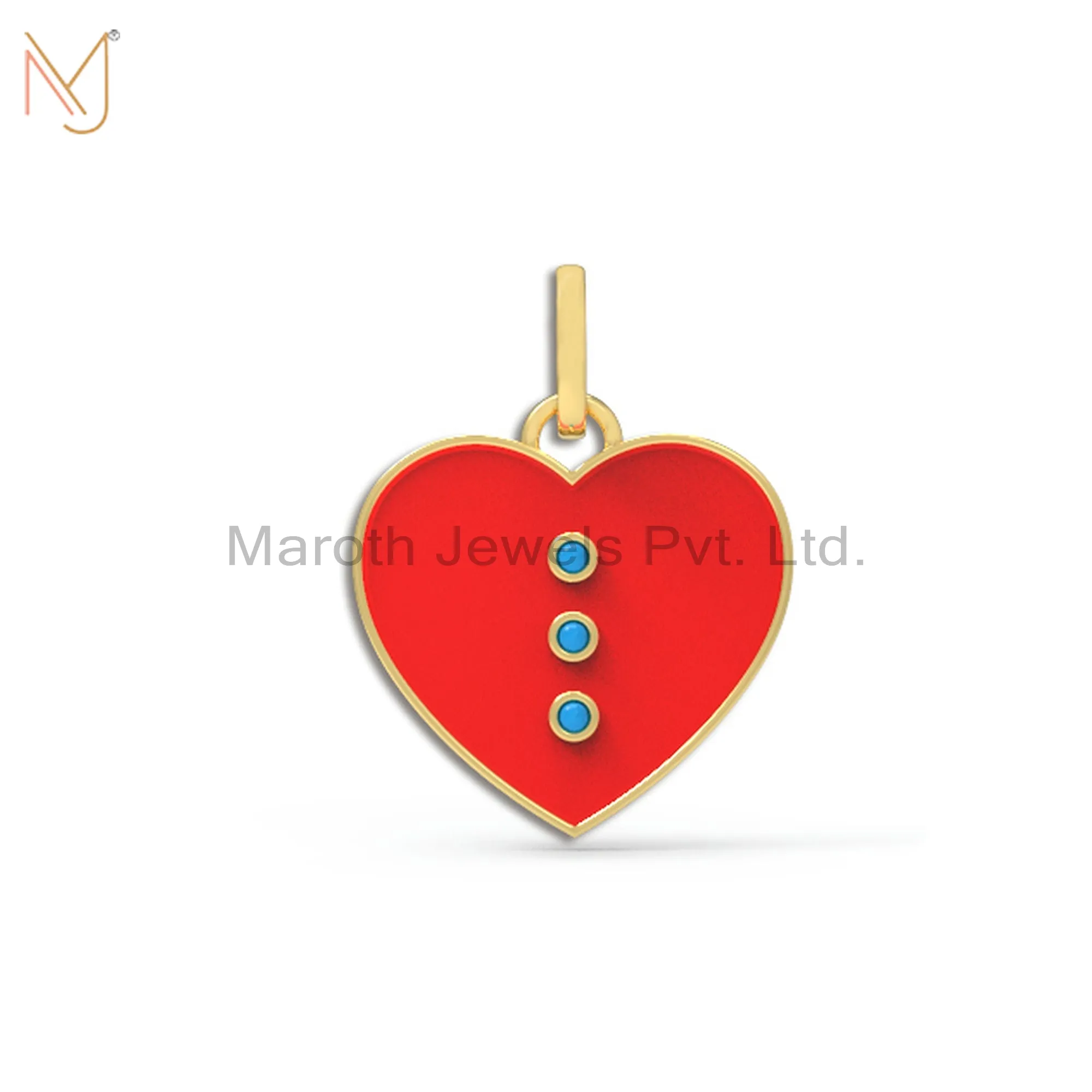 925 Silver Yellow Gold Plated Turquoise Gemstone Red Enamel Heart Pendant Custom Jewelry