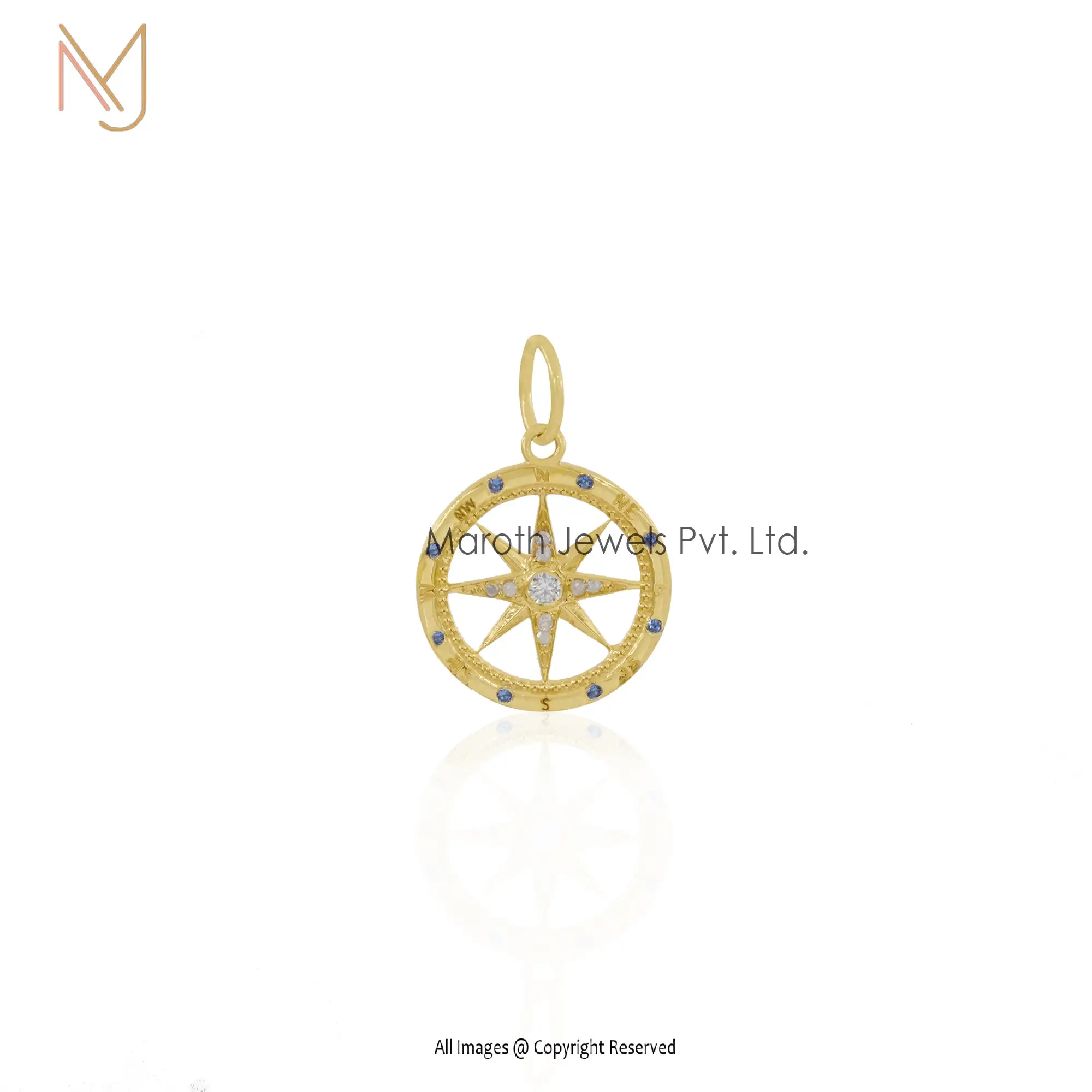 14k Yellow Gold Diamond & blue Sapphire or Moissanite Compass Charms Pendant Manufacturer