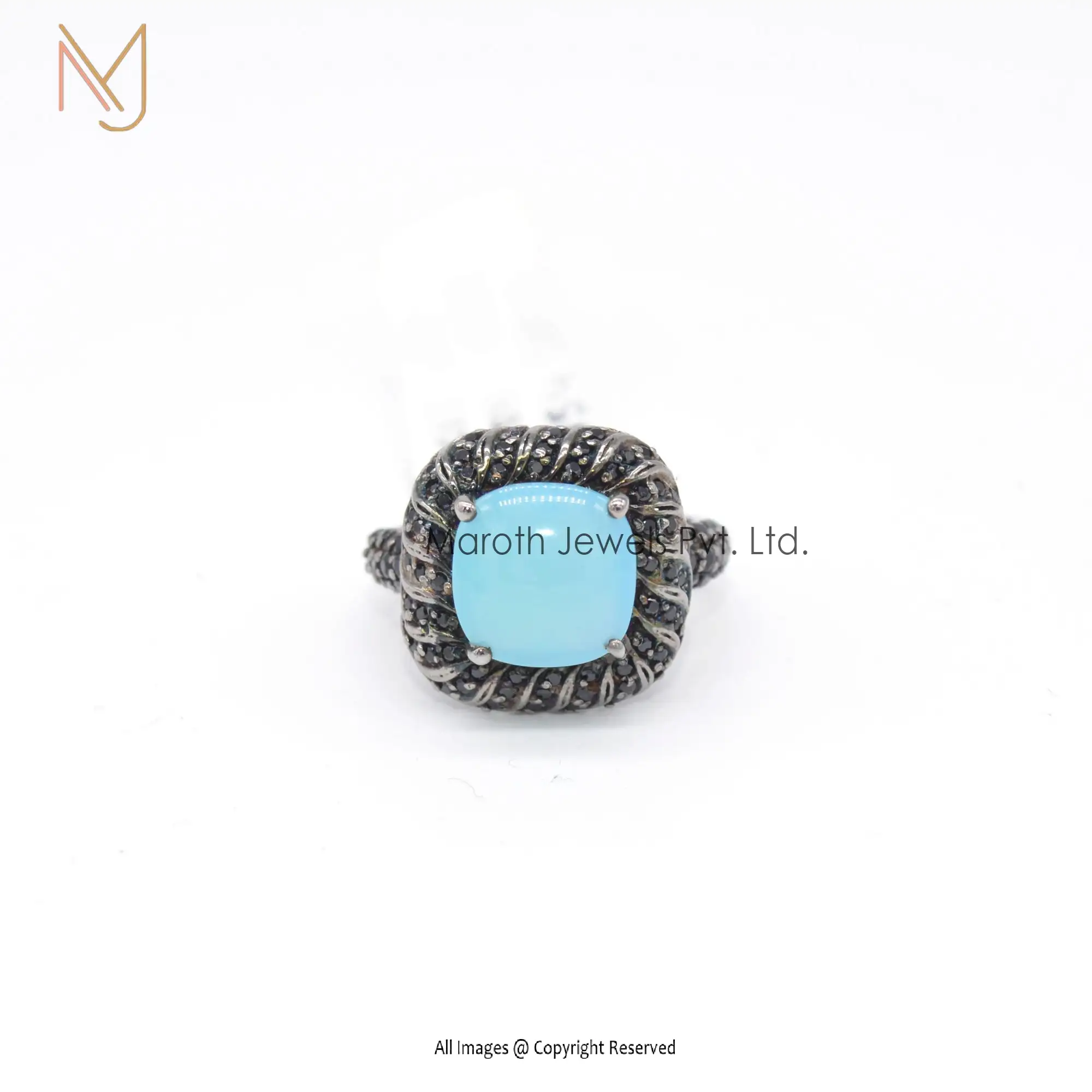 925 Silver Rhodium Plated Pave Black Diamond Aqua Chalcedony Gemstone Ring Jewelry Manufacturer