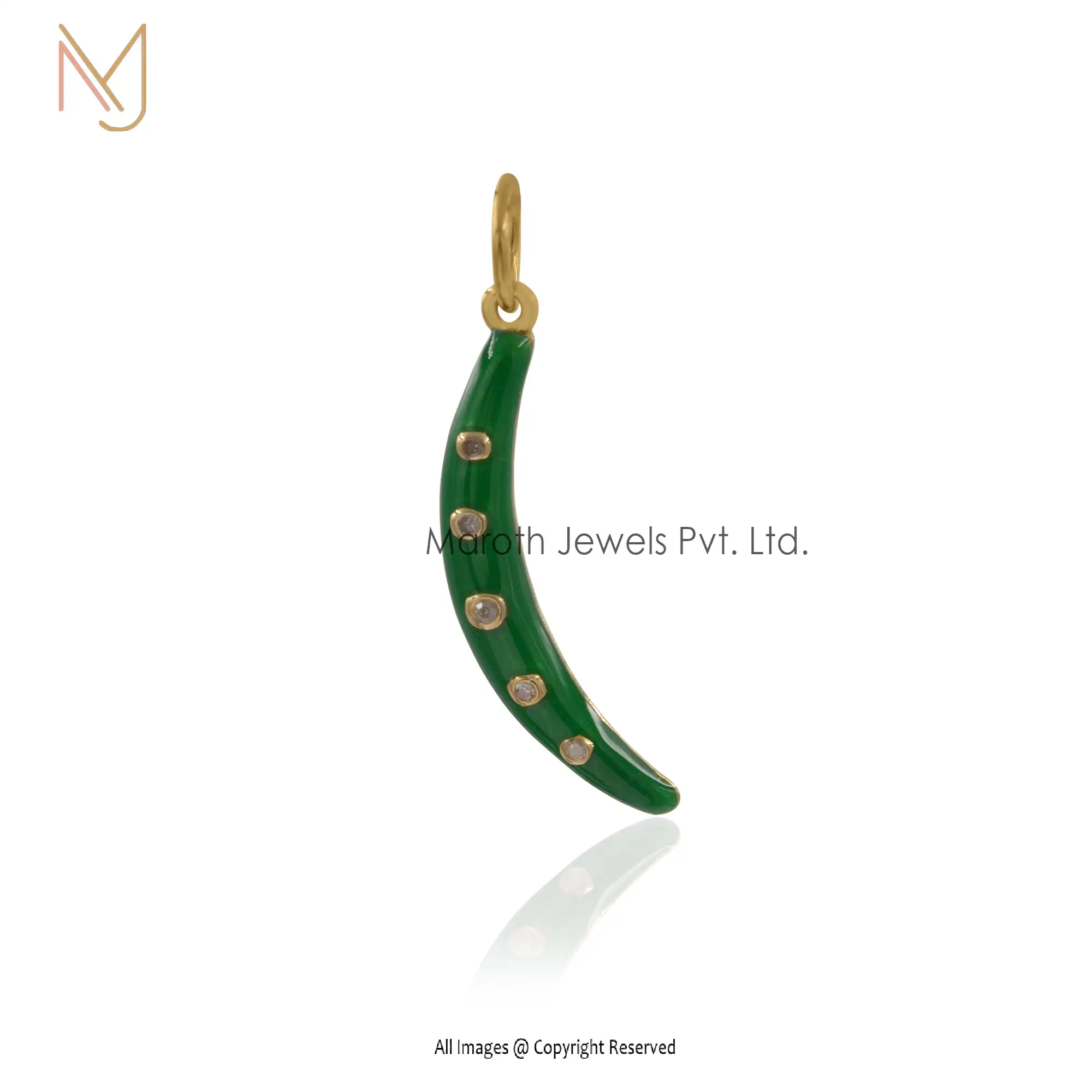 925 Silver Yellow Gold Diamond & Green Enamel Crescent Moon Pendant Jewelry Supplier